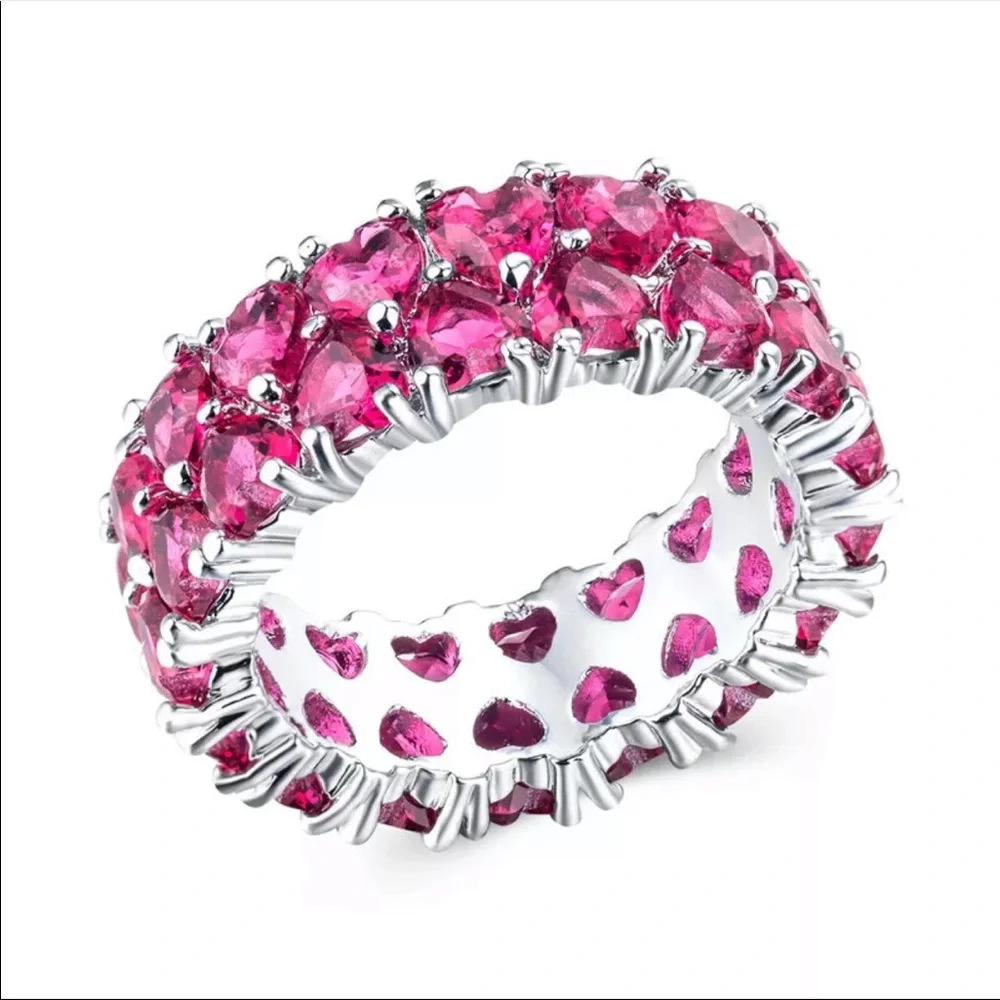 New Luxury 925 Silver Beautiful Hearts Pink Sapphire Eternity Band Ring - Picture 2 of 2